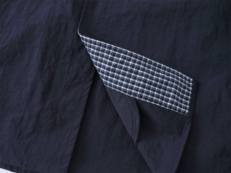 High-Collar Overshirt – Relaxed Fit Long-Sleeve Button-Up with Plaid Inner