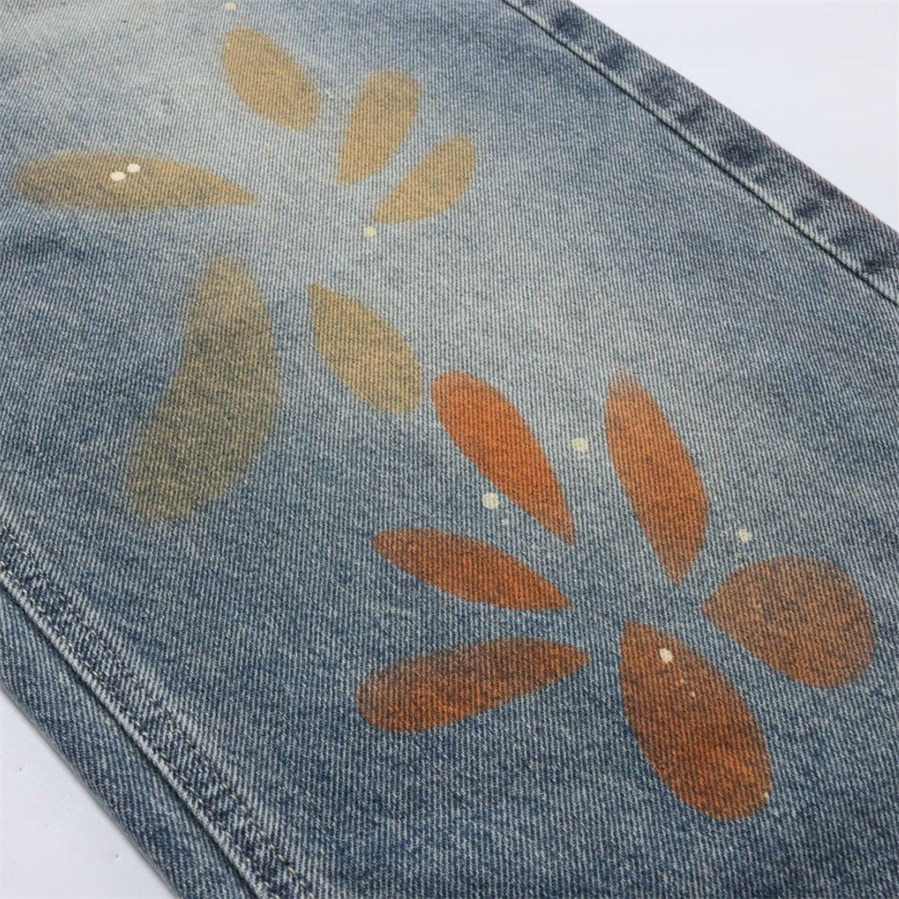 Men's Relaxed Fit Jeans with Floral Graffiti Print – Wide Leg Straight Denim