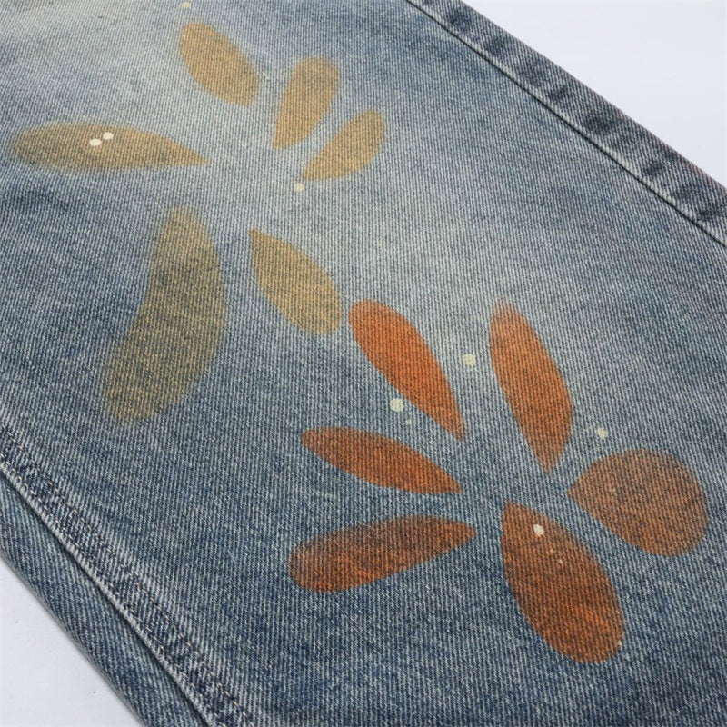 Men's Relaxed Fit Jeans with Floral Graffiti Print – Wide Leg Straight Denim