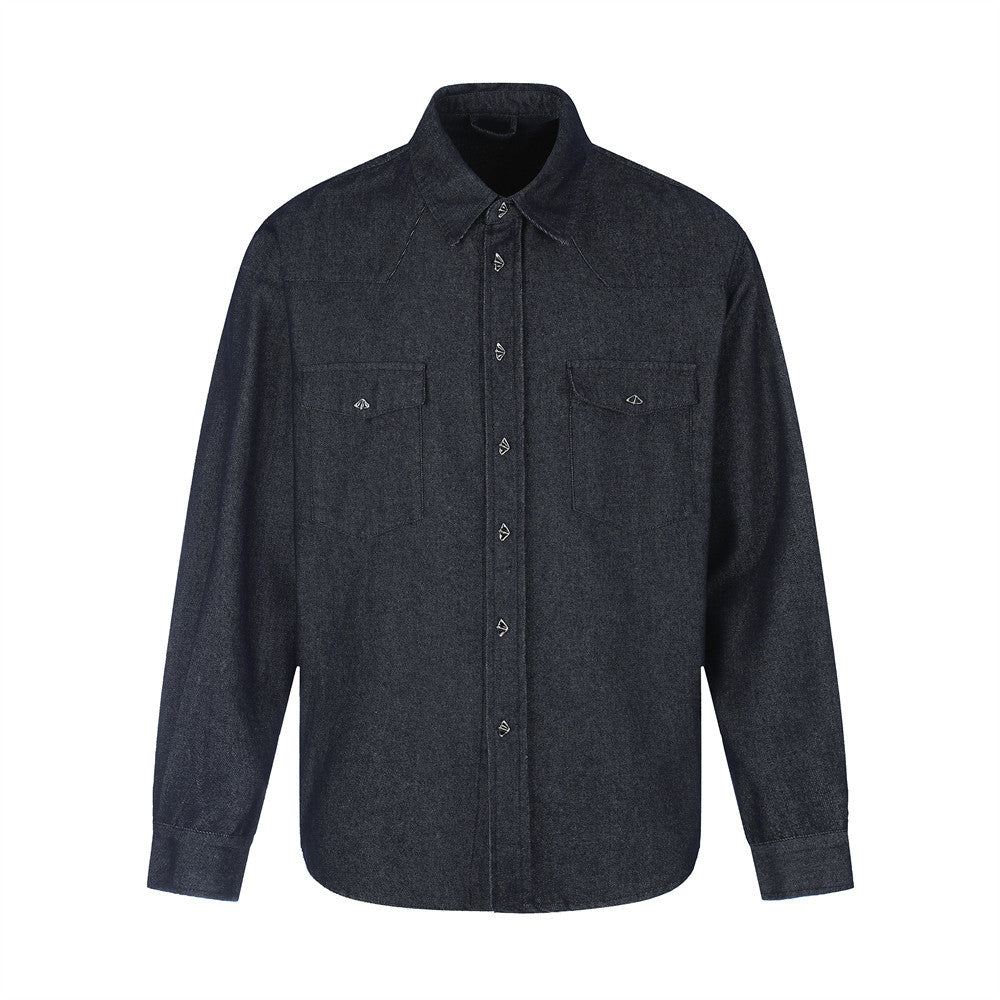 Men's relaxed-fit long sleeve black denim button-up overshirt with dual chest flap pockets and metal snap buttons