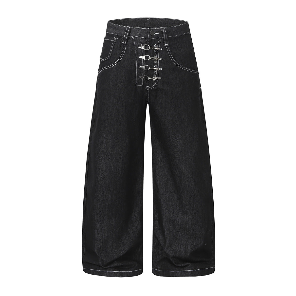 Front and back view of wide-leg baggy black denim jeans with silver safety-pin hook closures and white contrast topstitching