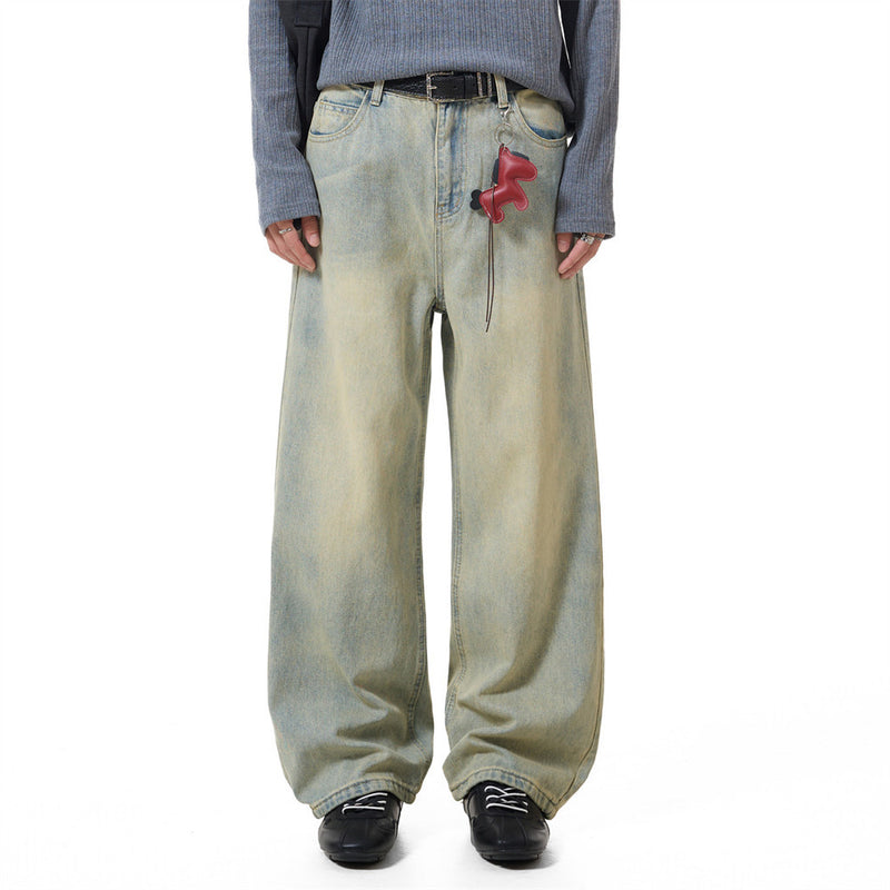 Men's Vintage Washed Wide-Leg Jeans – Relaxed Straight Fit with Horse Charm