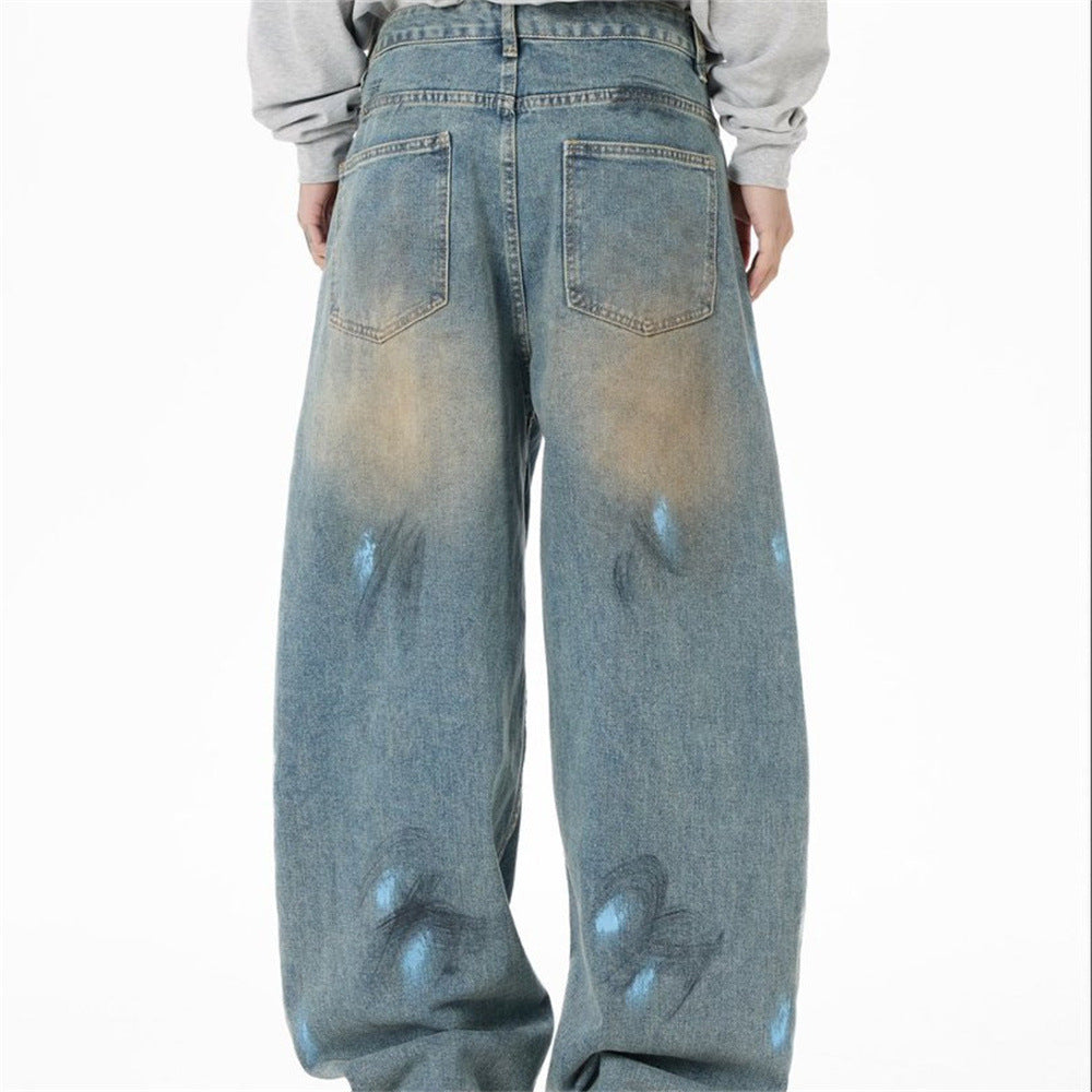 Baggy Jeans with Paint Splatter Patchwork & Distressed Raw-Edge Detail