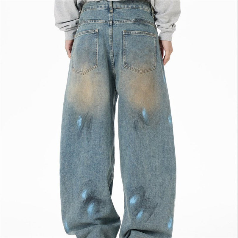 Baggy Jeans with Paint Splatter Patchwork & Distressed Raw-Edge Detail