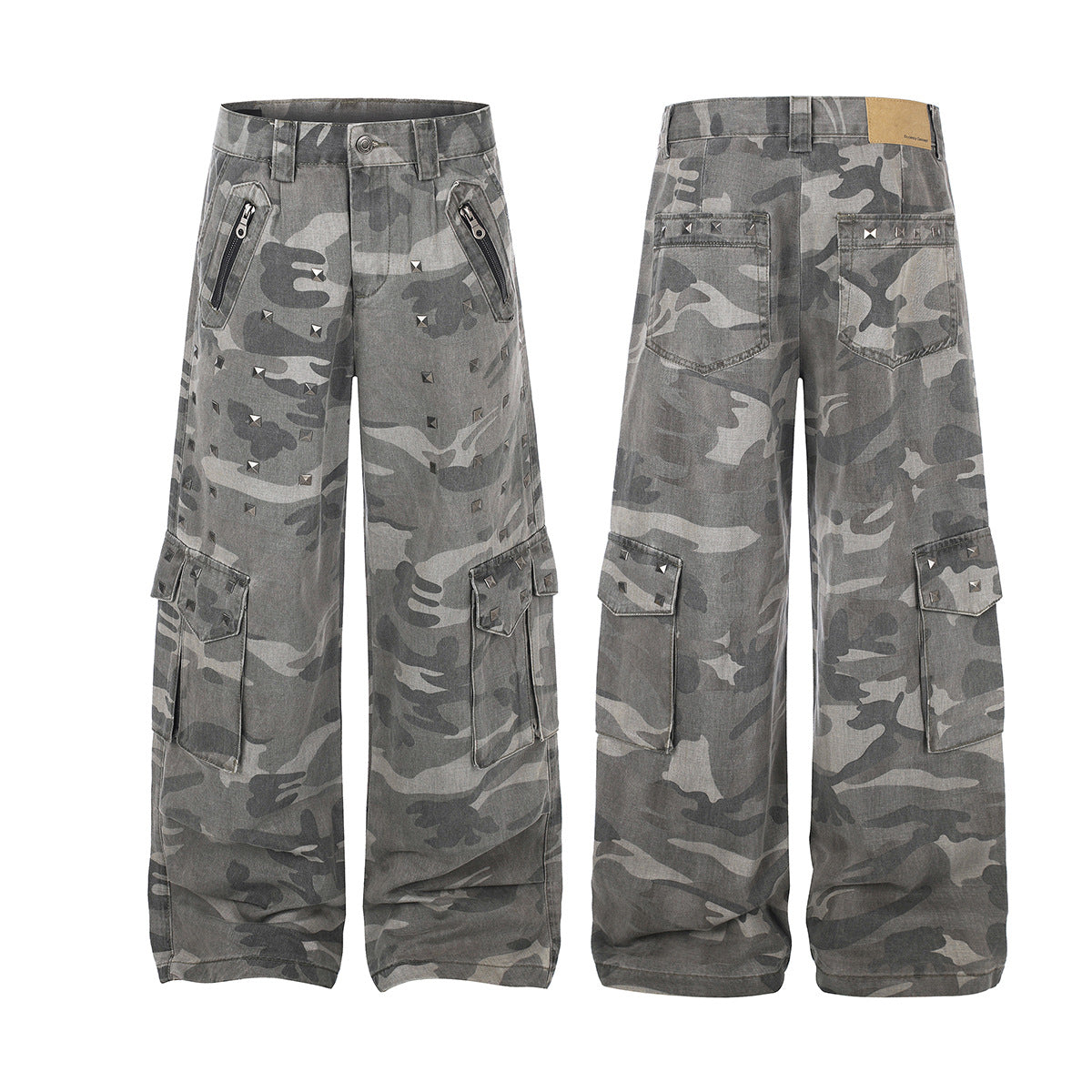 Pantalon cargo baggy camouflage à rivets, coupe large et multi-poches
