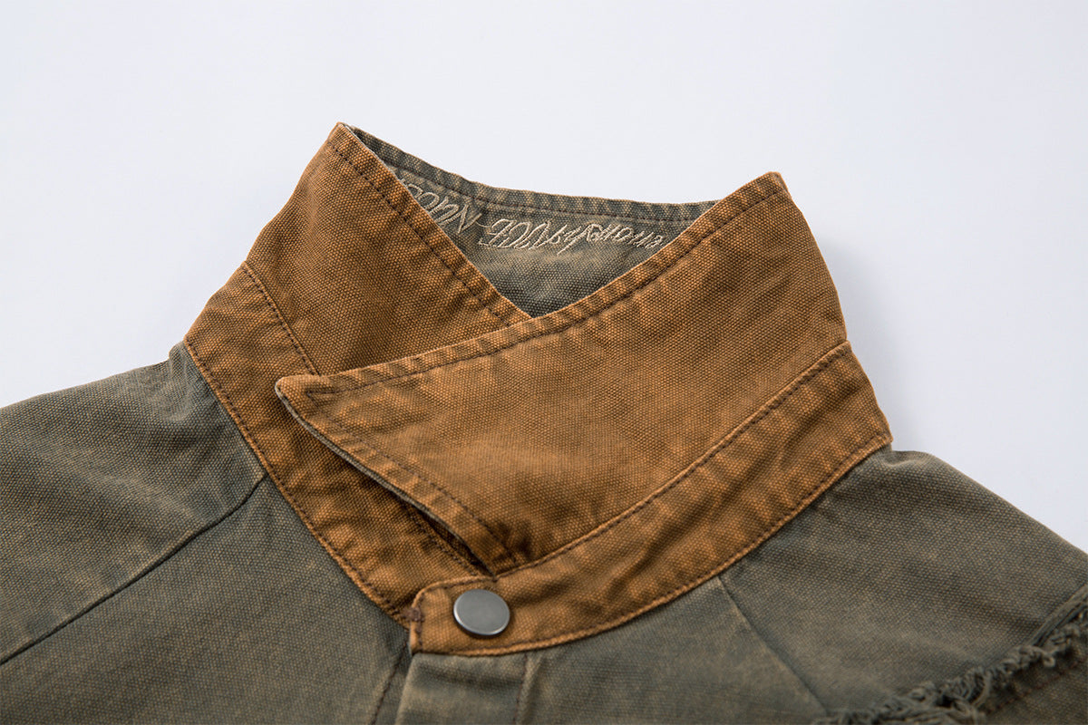 Veste-chemise en jean délavé effiloché – Surchemise patchwork déconstruite