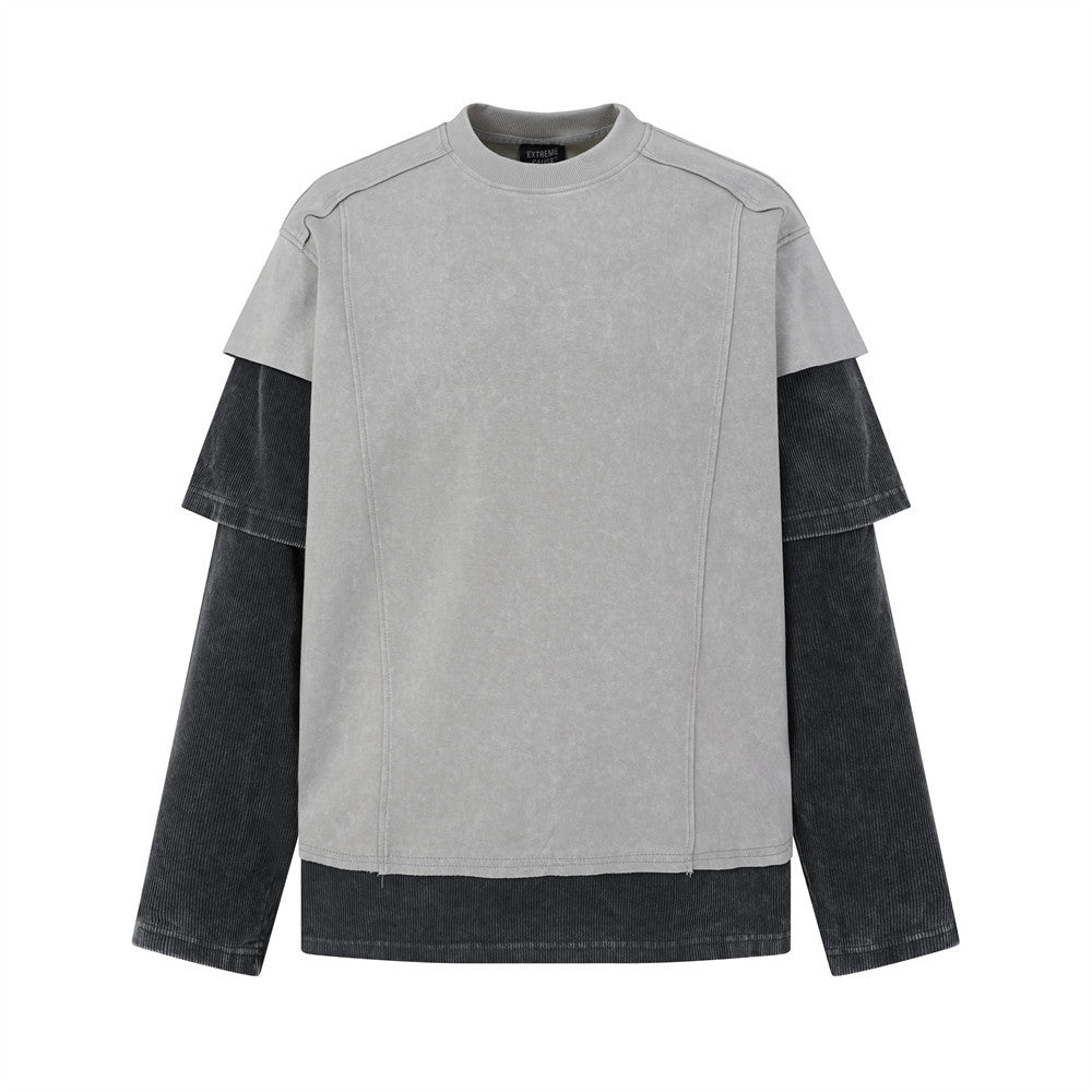 T-shirt manches longues à effet superposé, délavé à l’acide et déconstruit – Color block