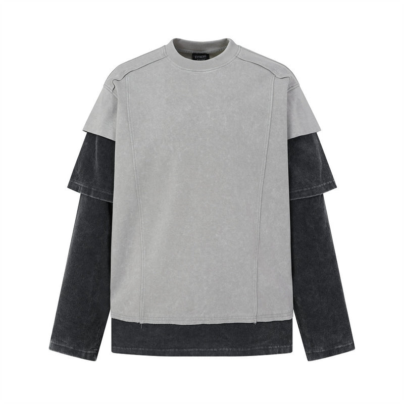 T-shirt manches longues à effet superposé, délavé à l’acide et déconstruit – Color block