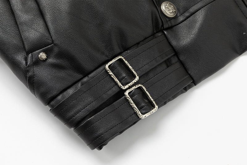 Schwarze Kunstlederjacke mit Kapuze – zweireihig mit Kapuze aus Leoparden-Kunstfell