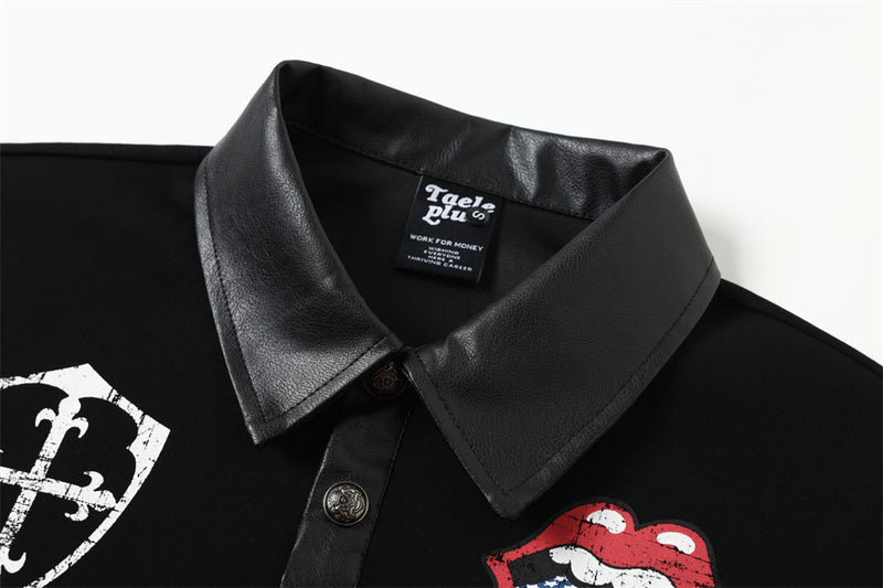 Schwarzes Herren-Poloshirt mit PU-Lederärmeln und American-Flag-Tongue-Grafik