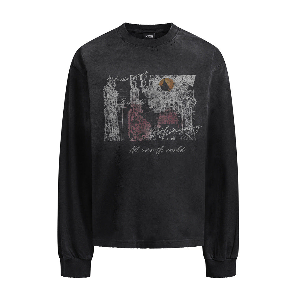 T-shirt homme manches longues graphique graffiti abstrait – Coton délavé, effet usé