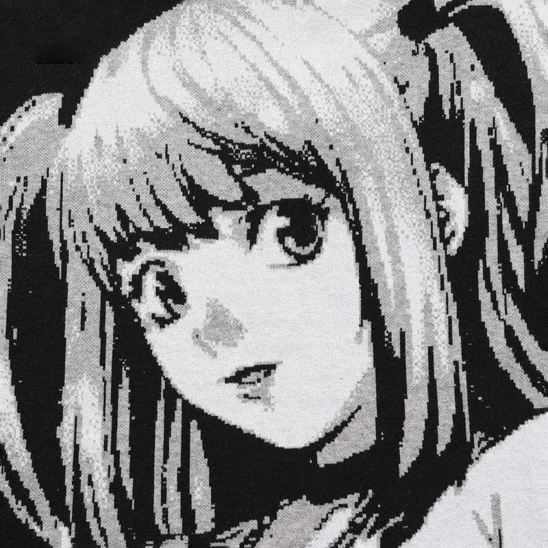 A pixel art illustration features a young girl with pigtails, large anime-style eyes, and a gothic streetwear flair. She's wearing the Premium Death Note-Inspired Knit Sweater by Death Note, showcasing a Misa Amane monochrome jacquard design in black and white.