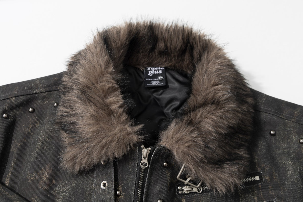 Men's Faux Fur Trim Biker Jacket – Vintage Distressed Leopard Print