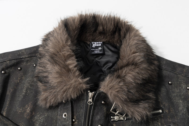 Men's Faux Fur Trim Biker Jacket – Vintage Distressed Leopard Print