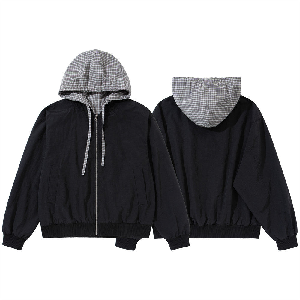 Black Zip Up Hoodie Mens Plaid Contrast Hood Bomber Jacket