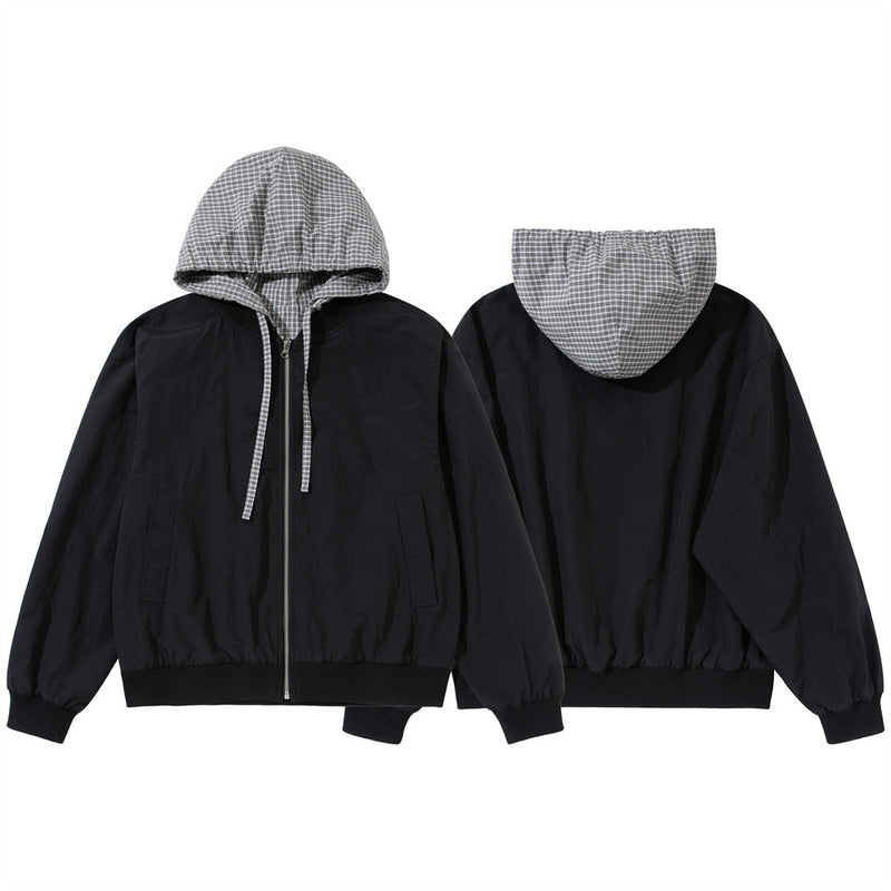 Black Zip Up Hoodie Mens Plaid Contrast Hood Bomber Jacket