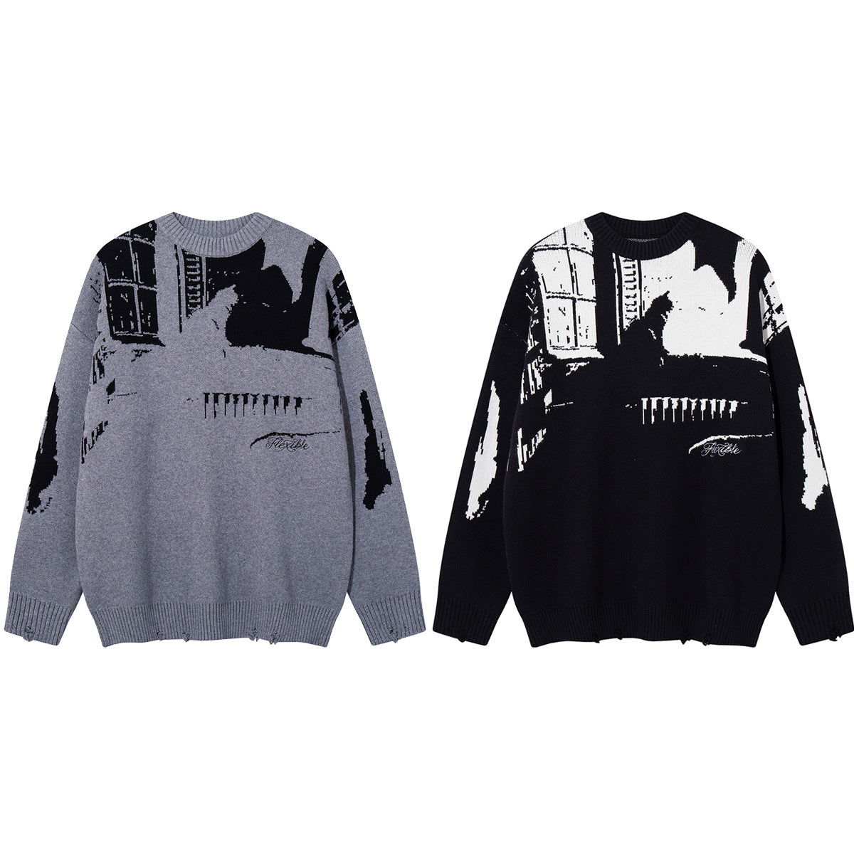 Cat Jacquard Knit Crewneck Sweater – Distressed Hem, Oversized Fit