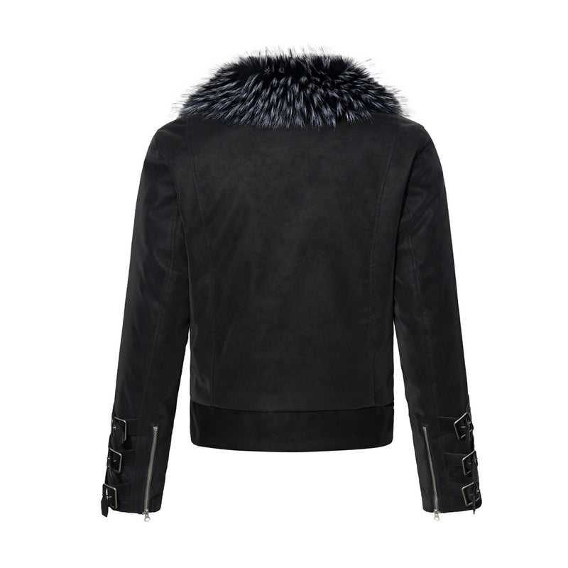 Faux Fur Collar Military Double-Button Moto Jacket – Padded PU Leather Bomber