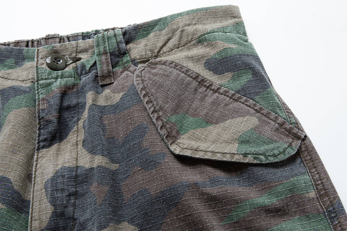 Woodland Camo Wide-Leg Cargo Pants – Washed Vintage Military Style