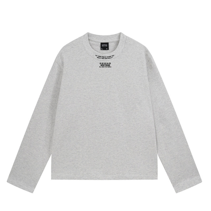 Langarm-T-Shirt mit Rundhalsausschnitt – minimalistischer Schriftprint, meliertes Grau