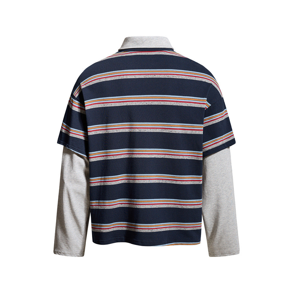 Striped Faux Two-Piece Long Sleeve Polo Shirt – Relaxed Fit with Layered Look