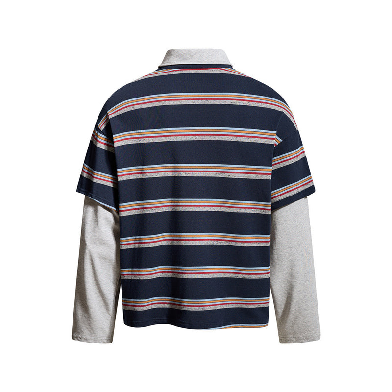 Striped Faux Two-Piece Long Sleeve Polo Shirt – Relaxed Fit with Layered Look