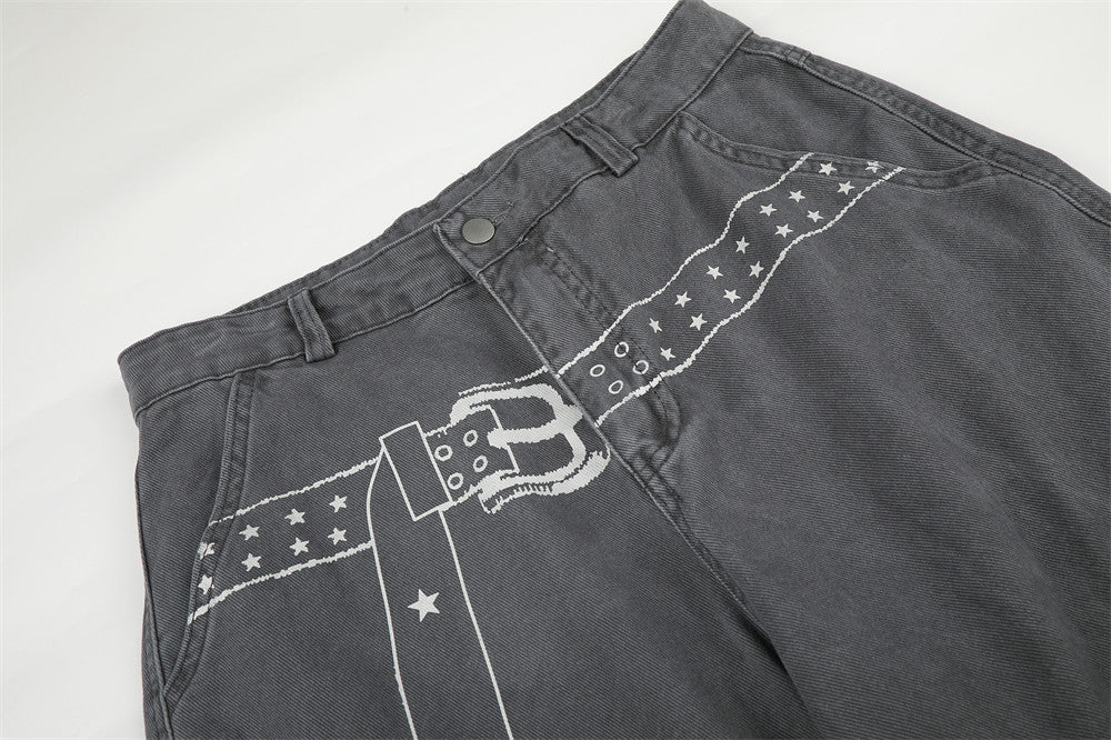 Cargo Pants for Men Wide Leg Multi-Pocket Punk Belt Print Street Style