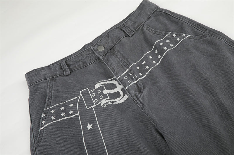 Cargo Pants for Men Wide Leg Multi-Pocket Punk Belt Print Street Style