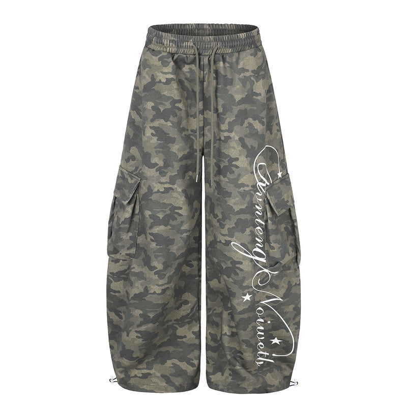 Men's Cargo Camo Pants Wide-Leg Baggy Fit with Script Print & Multi-Pocket