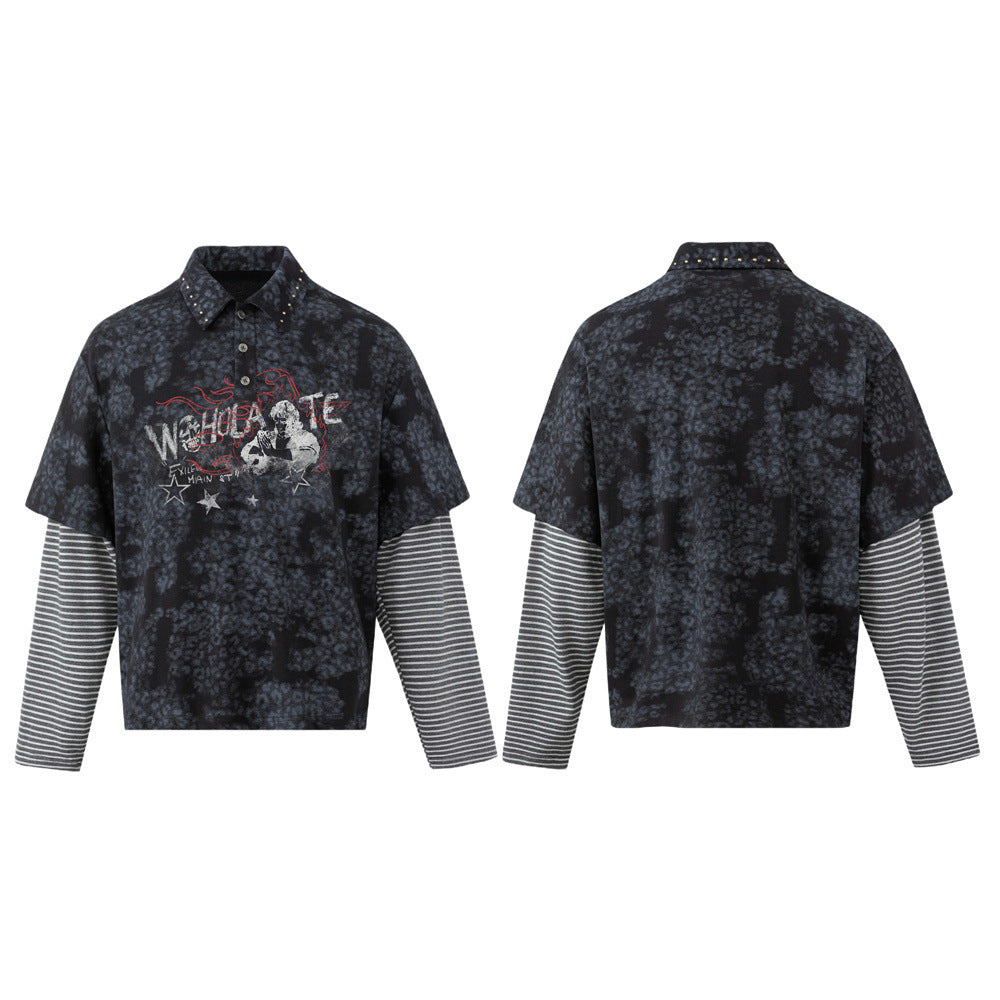 Dark blue-black mottled faux-layered polo shirt shown from front and back with striped sleeves and graphic print