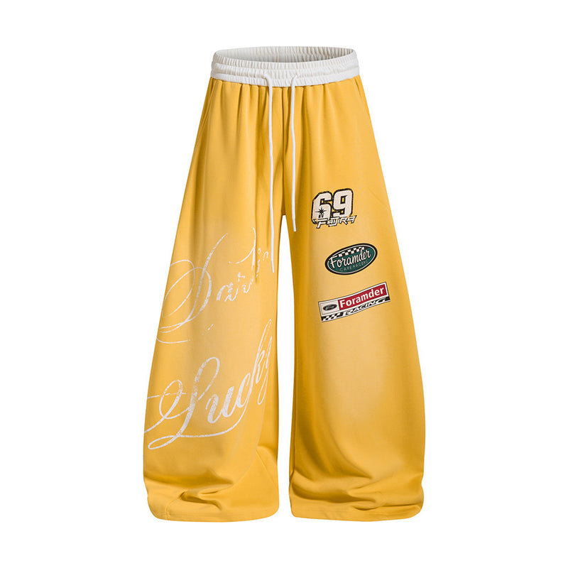 Wide-Leg Racing Graphic Sweatpants – Contrast Waistband, Letter Print