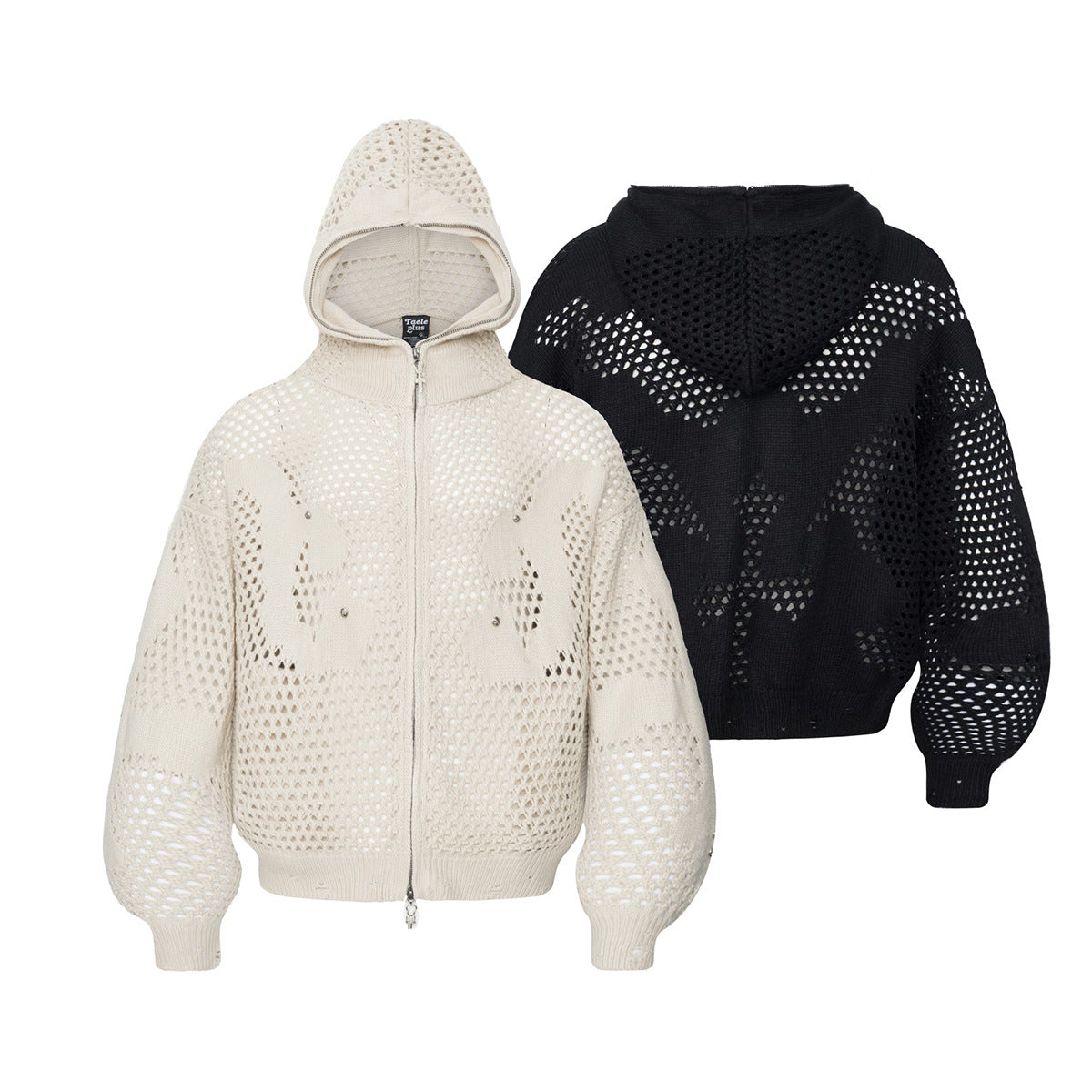 Sudadera de punto calado con cremallera y estampado gráfico oscuro