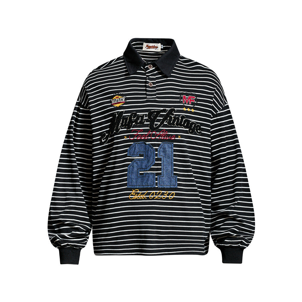 Men's black and white striped long sleeve polo shirt with denim number 21 appliqué and varsity embroidery graphics