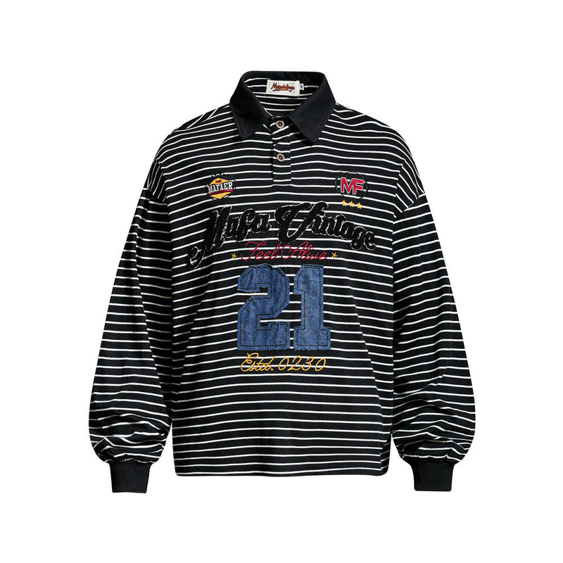 メンズ ブラック＆ホワイトストライプ 長袖ポロシャツ デニム製ナンバー21アップリケ＆バーシティ刺繍グラフィック