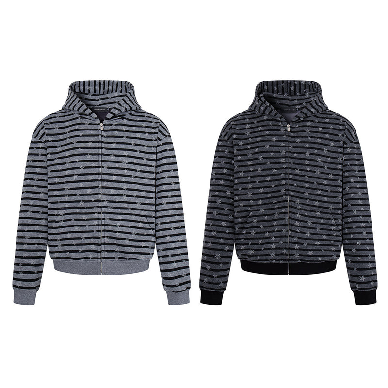 Striped Star Print Zip-Up Hoodie – Relaxed Fit Full-Zip Sweatshirt
