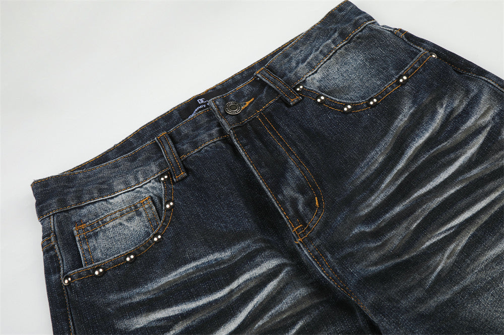 Men's Washed Distressed Straight-Leg Jeans with Union Jack Back Pockets
