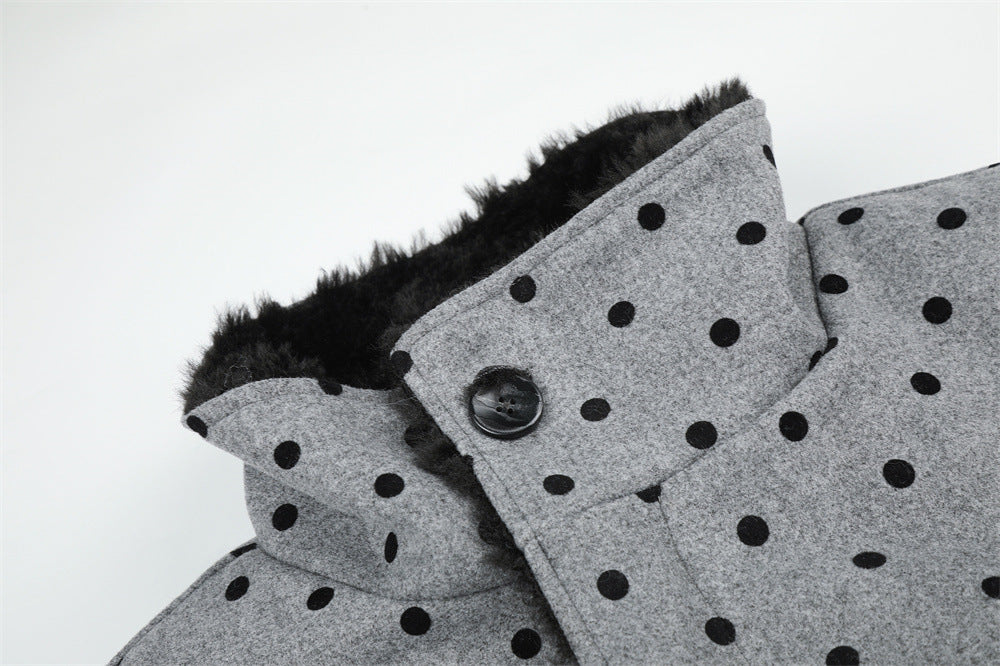 Polka Dot Wool-Blend Jacket Men – Fur Collar, Padded, Stand Collar with Belt
