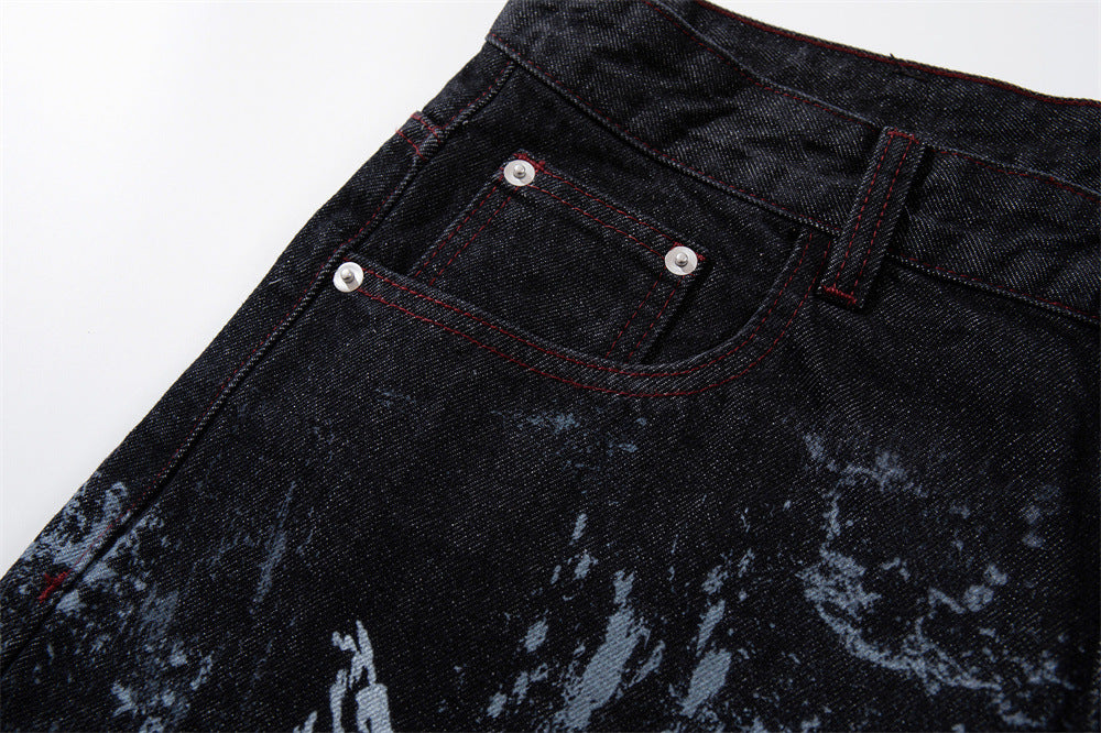 Tribal Print Baggy Jeans – Black Distressed Wide-Leg Denim