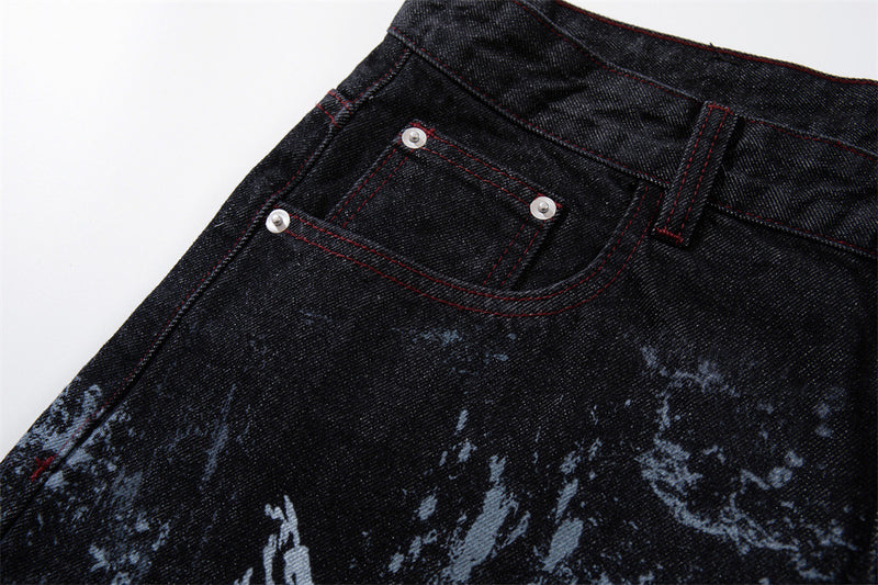 Tribal Print Baggy Jeans – Black Distressed Wide-Leg Denim