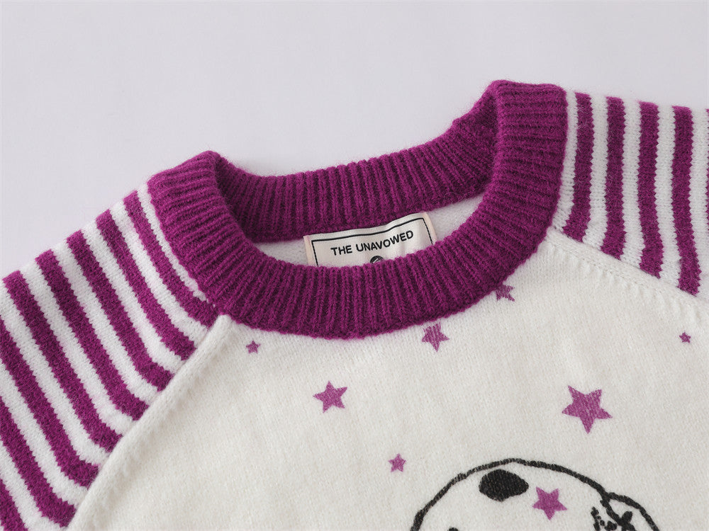 Dalmatian Star Print Crew Neck Sweater with Striped Raglan Sleeves