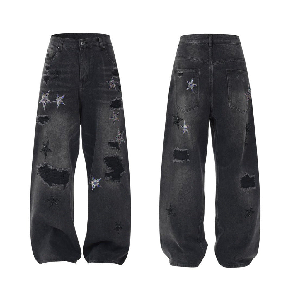 Ripped Baggy Jeans Men – Star Rhinestone & Sequin Wide-Leg Black Distressed