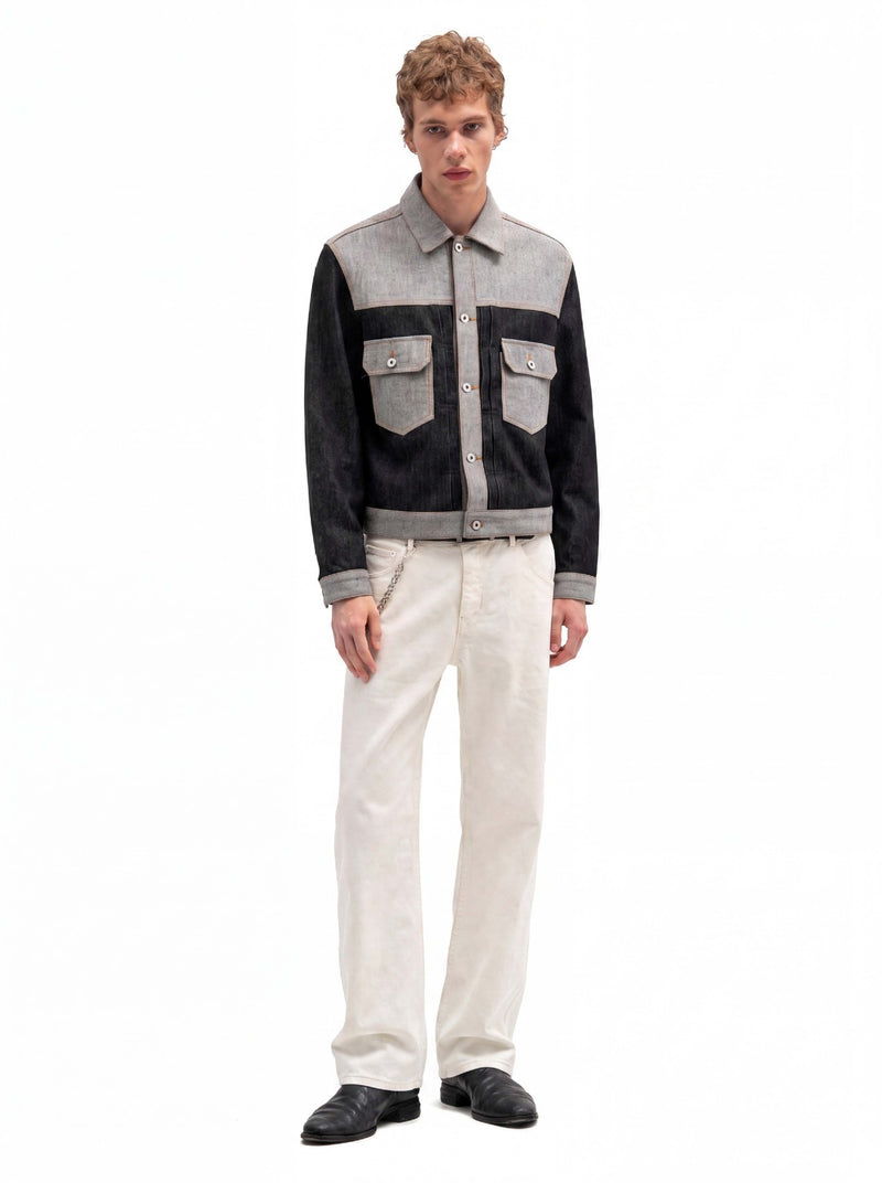 Veste en jean bicolore à empiècements contrastants – Coupe carrée