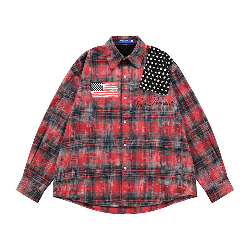Washed Plaid Long Sleeve Shirt with American Flag Patchwork – Oversized