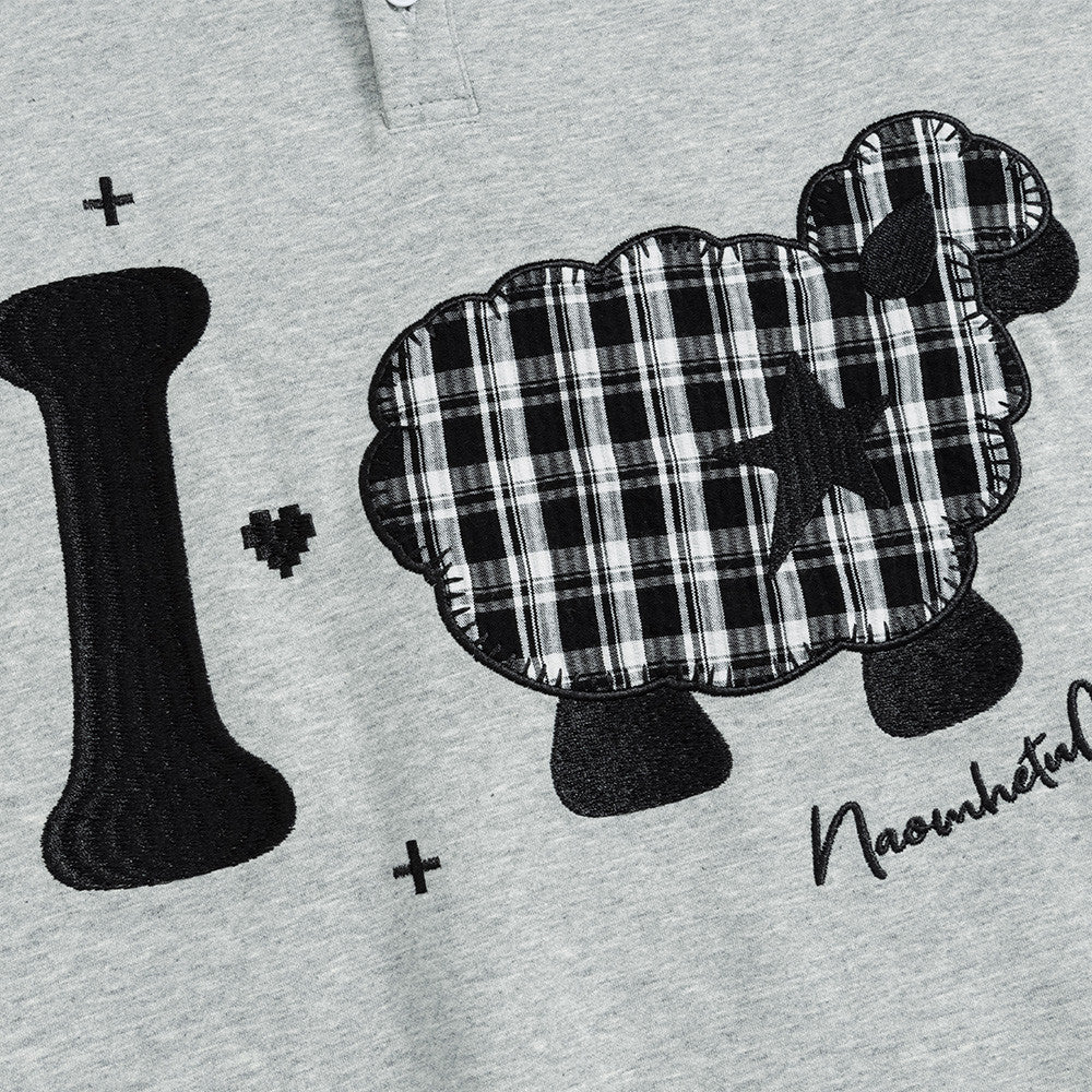 Layered-Look Plaid Collar Sweatshirt with Cartoon Sheep Appliqué