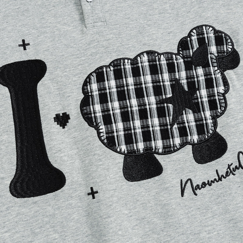 Layered-Look Plaid Collar Sweatshirt with Cartoon Sheep Appliqué
