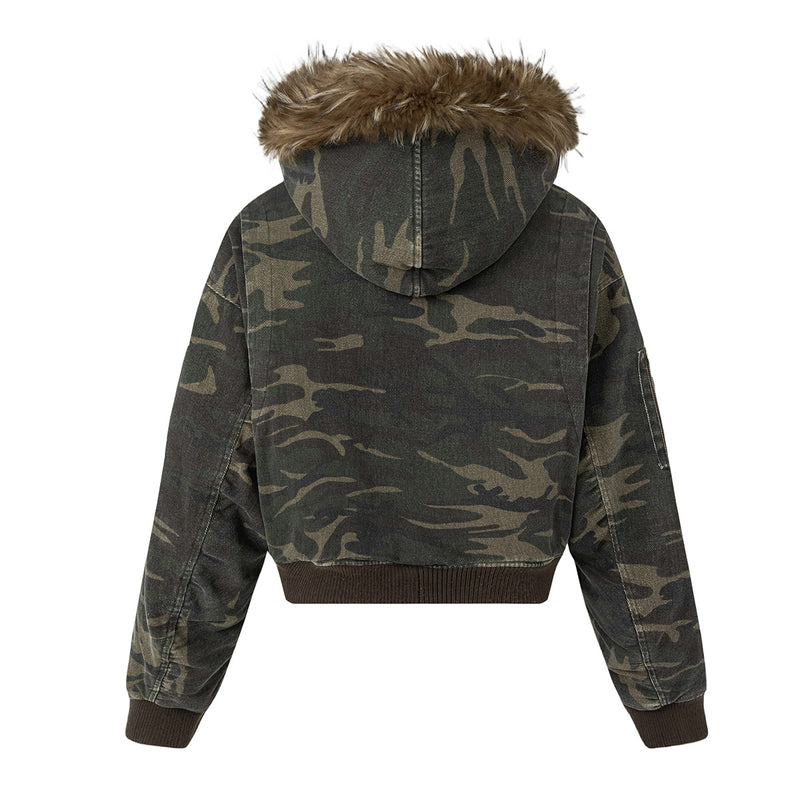 Fur-Trim Hood Bomber Jacket – Camo & Leopard Print Padded Outerwear