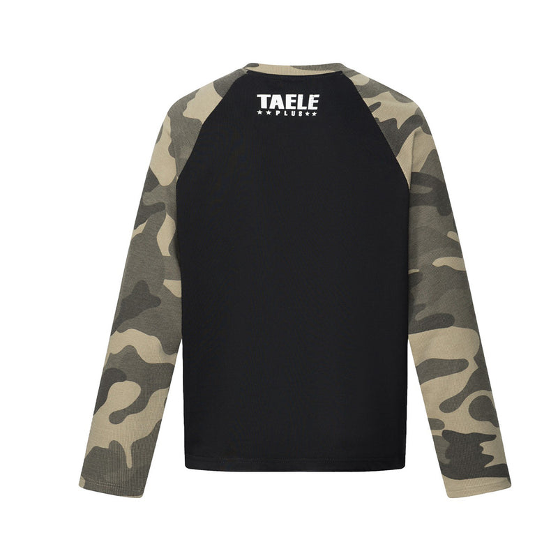 Camiseta raglán gótica de manga larga con camuflaje de calaveras — Camiseta streetwear de cuello redondo