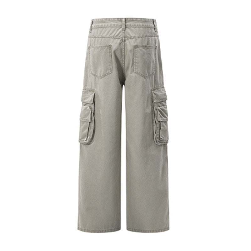 Pantalon cargo homme à jambes larges – Pantalon droit délavé à poches multiples