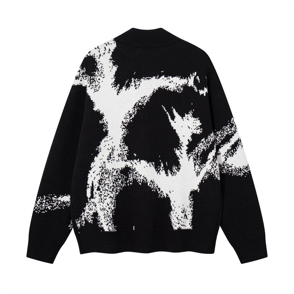 Ink-Splash-Strick-Cardigan mit Reißverschluss – Oversized-Stehkragen