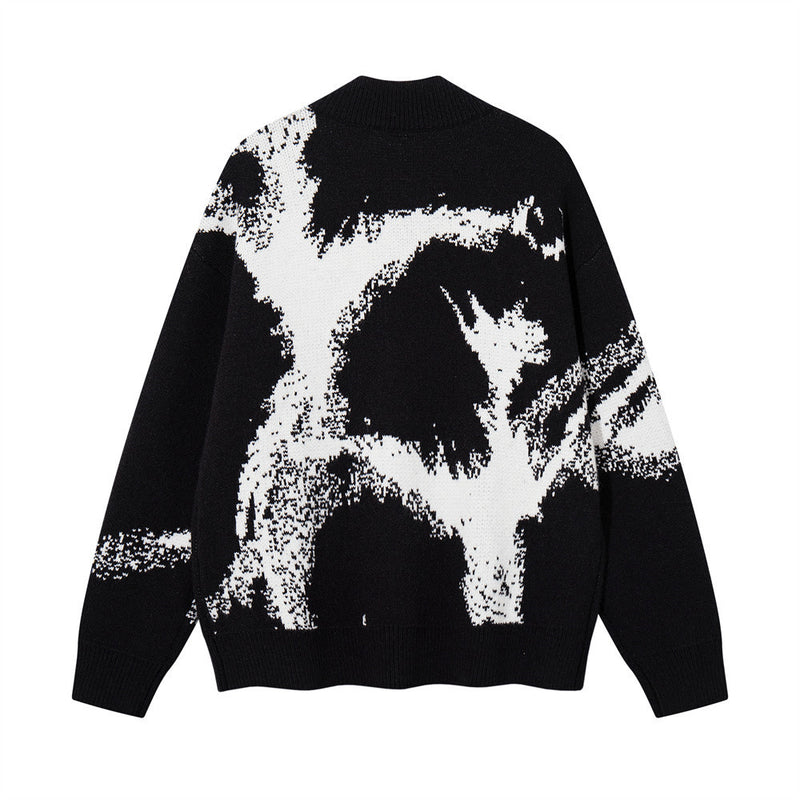 Ink-Splash-Strick-Cardigan mit Reißverschluss – Oversized-Stehkragen